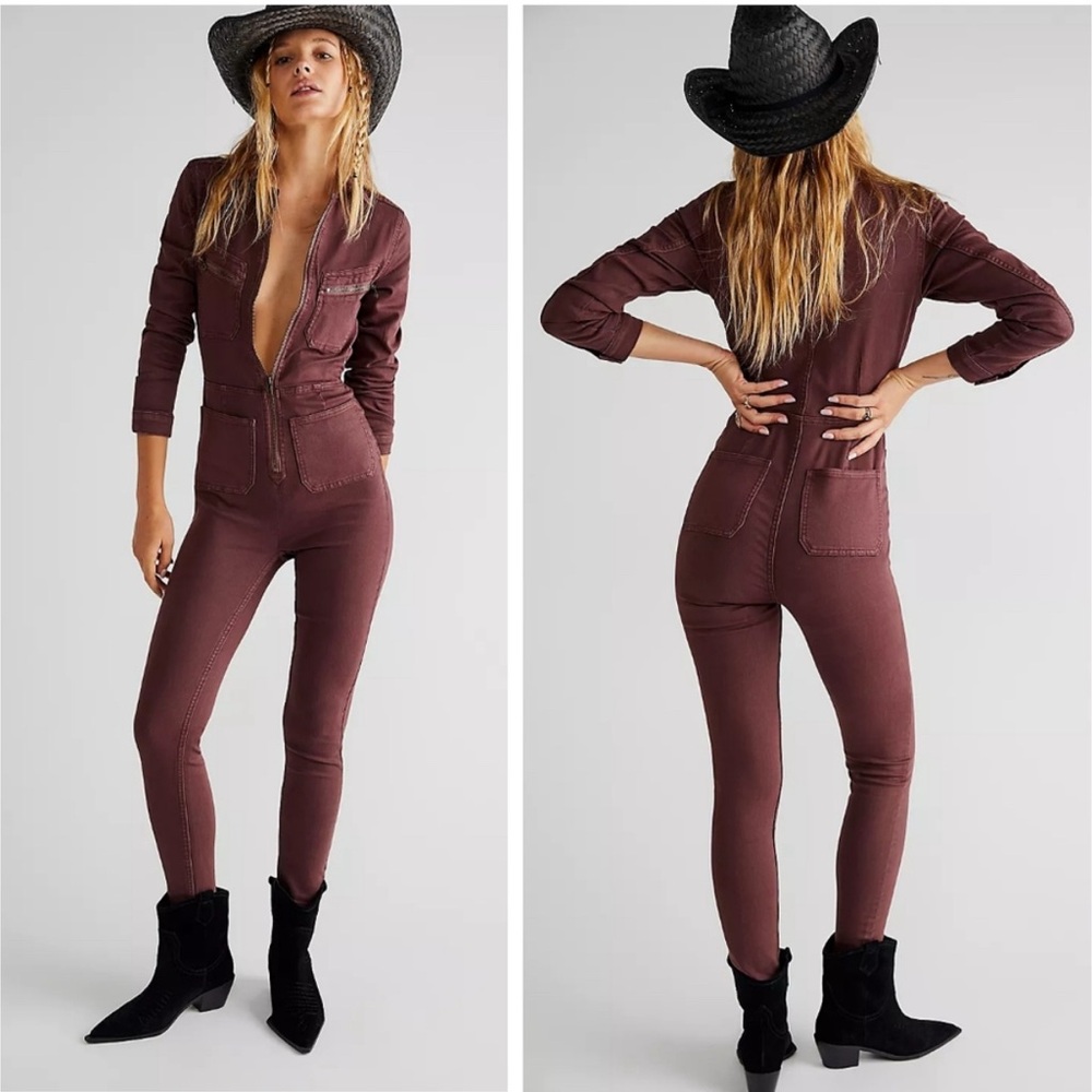 FREE PEOPLE Rare Lennox Zipper Crvy Jumpsuit Brown Bitter Bark